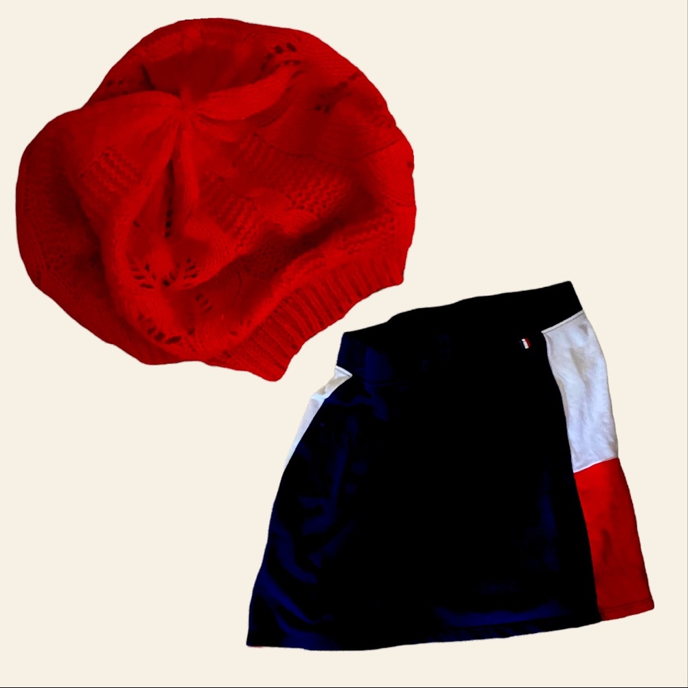 Red knitted hat with Tommy Hilfiger skirt